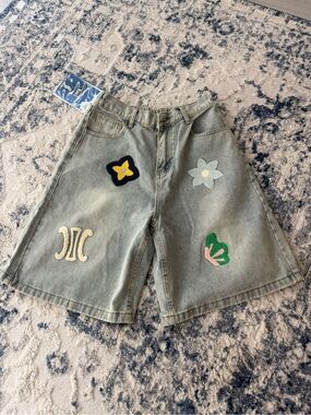 Washed Green Denim Bermuda Shorts with Chenille Floral Patches